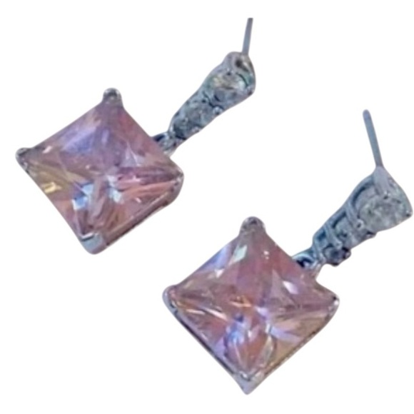 Drop Earrings Silver Rhinestone and Pink - Picture 3 of 9